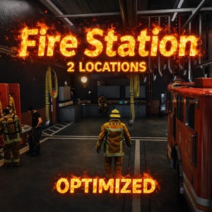 May include: Interior of a fire station with the words "Fire Station 2 Locations Optimized" in fiery text. A firefighter in yellow gear stands in the centre, facing away from the camera. A red fire engine is on the right.