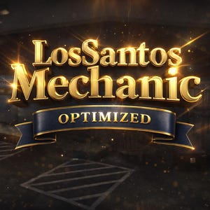 Op de afbeelding: Goudkleurig "Los Santos Mechanic" logo met een donkerblauwe banner met de tekst "OPTIMIZED". De achtergrond is een donkere, vage afbeelding van een garage of werkplaats met sprankelende lichteffecten.