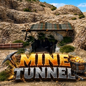 Puede incluir: Ilustración digital de la entrada de un túnel minero excavado en una ladera rocosa. La imagen presenta un pico, soportes de madera y un vagón minero lleno de oro brillante. Las palabras "MINE TUNNEL" se muestran de forma destacada.