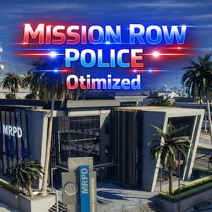 Könnte beinhalten: Luftaufnahme der MRPD-Polizeistation mit dem Text "MISSION ROW POLICE Otimized" in einer stilisierten Schriftart. Das Gebäude ist modern mit Glasfenstern und Palmen. Der Himmel ist blau mit Wolken.