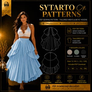 Pode incluir: Uma mulher com um top branco e uma saia azul clara com camadas. A imagem inclui o texto "SYTARTO PATTERNS" e "PDF SEWING PATTERN - TAILORED MEN'S & BOYS' HOODIE". Há também um ícone de download PDF.