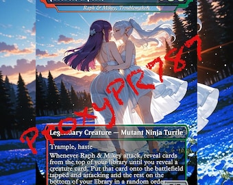 以下が含まれることがあります： 「Frieren & Fern」と題された長方形のトレーディングカード。夕暮れ時の青い花畑に立つ白いドレス姿の二人が描かれている。カードには「Legendary Creature - Mutant Ninja Turtle」、「Trample」、「haste」、および「7/7」のパワーとタフネスが記載されている。