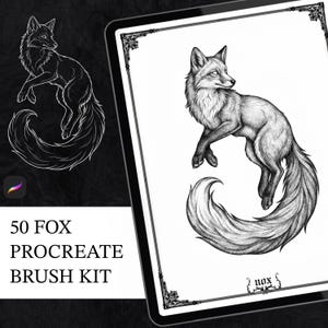 Puede incluir: Una ilustración digital de un zorro con una cola grande y tupida, mostrada en la pantalla de una tableta. La obra presenta un detallado trabajo de líneas en blanco y negro. El texto 50 FOX PROCREATE BRUSH KIT es visible, junto a la palabra nox.