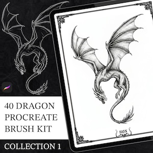 Puede incluir: Un conjunto de arte digital titulado 40 DRAGON PROCREATE BRUSH KIT COLLECTION 1, que muestra una ilustración en blanco y negro de un dragón con alas extendidas en una pantalla de tableta, junto a una versión de arte lineal sobre fondo oscuro.