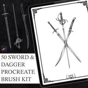 May include: Digital art illustration of swords and daggers on a tablet screen. The image includes three crossed swords and two line drawings of swords. Text on the screen reads "50 SWORD & DAGGER PROCREATE BRUSH KIT."
