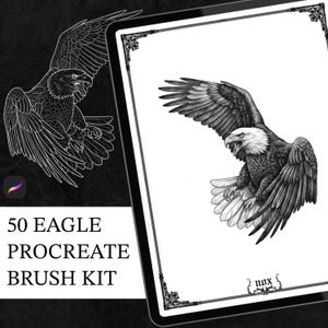 Könnte beinhalten: Ein digitales Tablet zeigt eine detaillierte schwarz-weiß Illustration eines Weißkopfseeadlers im Flug mit ausgebreiteten Flügeln. Der Text 50 EAGLE PROCREATE BRUSH KIT ist links zu sehen und das Wort nox steht unten auf dem Bildschirm.