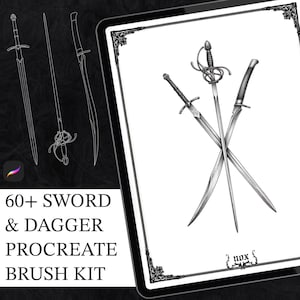 Über 60 Schwertpinsel für Procreate, Fantasy-Dolch-Stempelset, Digitale Assets für mittelalterliche Waffen, Procreate-Schablonenpaket, Schwertlinienpinsel