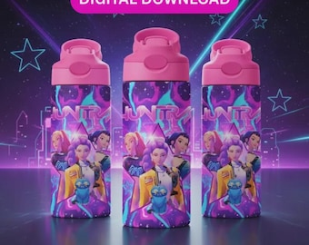 K-Pop Demon Hunters Huntrix 12oz Water Bottle Wrap | Rumi Kpop Kids Tumbler PNG | Pink Anime Sippy Cup Wrap | Cute Kawaii Drink Wrap