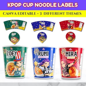 以下が含まれることがあります： 3つのKPOPカップヌードルのデザイン画像。「ZOEY」「RUMI」「MIRA」と書かれたラベル。カップは緑、青、赤で、それぞれアニメスタイルのキャラクターイラストが描かれています。「CANVA EDITABLE + 3 DIFFERENT THEMES」というテキストが上部にあります。
