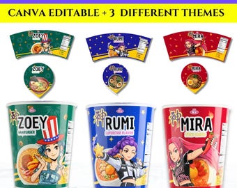 Kpop Demon Hunters Cup Noodle Labels bearbeitbare Canva-Vorlage, Huntrix Ramen Party Wraps, Rumi Mira Zoey Printable Birthday Favor