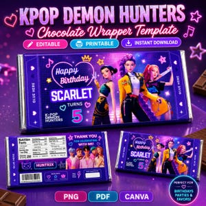 Può includere: Un modello di confezione di cioccolato viola con il testo "KPOP DEMON HUNTERS" e "Chocolate Wrapper Template". Il design include illustrazioni di personaggi anime, le parole "Happy Birthday Scarlet Turns 5" e le opzioni "Editable", "Printable" e "Instant Download".