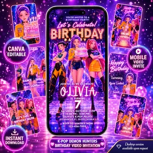 May include: A digital birthday party invitation with a K-Pop theme. The design features animated characters, the text "Let's Celebrate! BIRTHDAY PARTY," and details for Olivia's 7th birthday. Includes "Canva Editable" and "Instant Download" options.