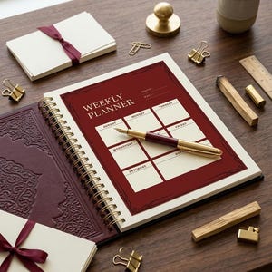 Pode incluir: Um planejador semanal com capa bordô e encadernação em espiral dourada, aberto em uma página com borda bordô e as palavras "WEEKLY PLANNER". Uma caneta dourada repousa na página. Artigos de papelaria e material de escritório são dispostos ao redor do planejador.