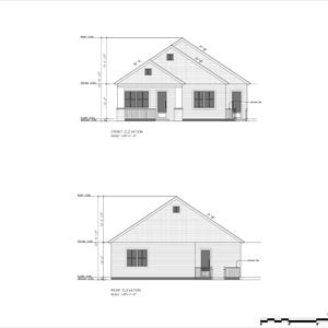 May include: Architectural drawing showing front and rear elevations of a house. The front elevation features a porch, windows, and a door. The rear elevation shows windows and a door. A scale bar at the bottom indicates a scale of 1/8 inch equals 1 foot.