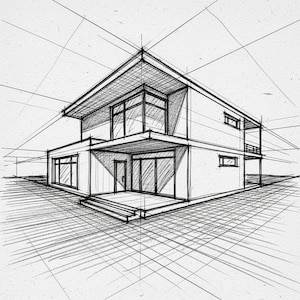 May include: A black and white architectural sketch of a two-story modern house featuring clean lines, large glass windows, a flat roof, and a ground-level patio with steps, all rendered with visible perspective grid lines on a textured paper background.