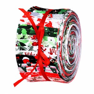 May include: A jelly roll of fabric strips featuring a variety of Christmas-themed patterns in red, green, white, and black. The rolled fabric is tied with a bright red ribbon and displays prints of Santa Claus, snowflakes, holly, and pine trees.