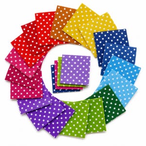 May include: A collection of square fabric swatches arranged in a circular pattern, each featuring a white polka dot print on a solid background. The colors include red, orange, yellow, blue, light blue, green, lime, purple, and magenta.