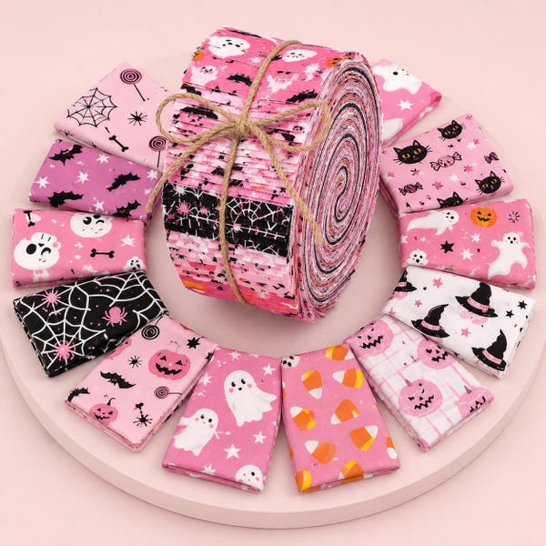 60-Piece Pink Halloween Cotton Fabric Strips, Ghost Pumpkin Bat Prints for Quilting (2.5-Inch)