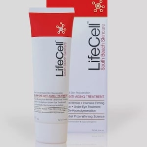 May include: A white tube of LifeCell anti-aging treatment with a red cap and accents, and a matching box. The tube and box feature the LifeCell logo and product information, including "South Beach Skincare."