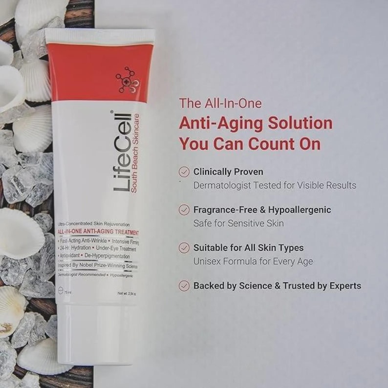 May include: A white tube of LifeCell South Beach Skincare anti-aging cream with a red cap. The tube is on a white surface with seashells. Text on the tube reads "ALL-IN-ONE ANTI-AGING TREATMENT". The text on the right side says "Anti-Aging Solution You Can Count On".