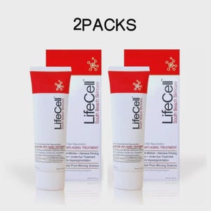 May include: Two packs of LifeCell anti-aging treatment tubes and boxes. The tubes are white with red caps and the brand name. The boxes are white with red accents and the brand name. The text "2PACKS" is at the top.