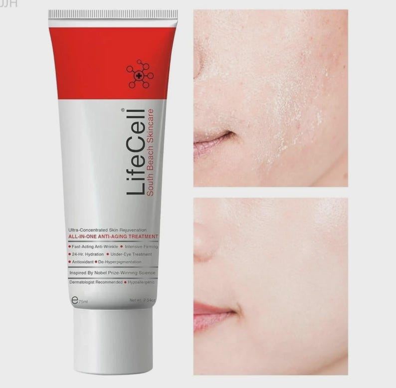 May include: A tube of LifeCell South Beach Skincare anti-aging treatment. The tube is white with a red top and features the brand name and product information. The image also includes close-ups of skin, showcasing the product's effects.