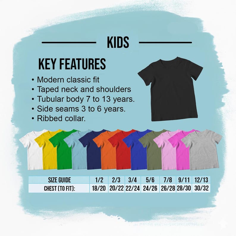 Puede incluir: Se muestra una camiseta negra con cuello redondo, junto con una paleta de colores de otras camisetas. La imagen incluye el texto "KIDS" y "KEY FEATURES", con una gu&iacute;a de tallas que muestra medidas de pecho de 46 a 81 cm.