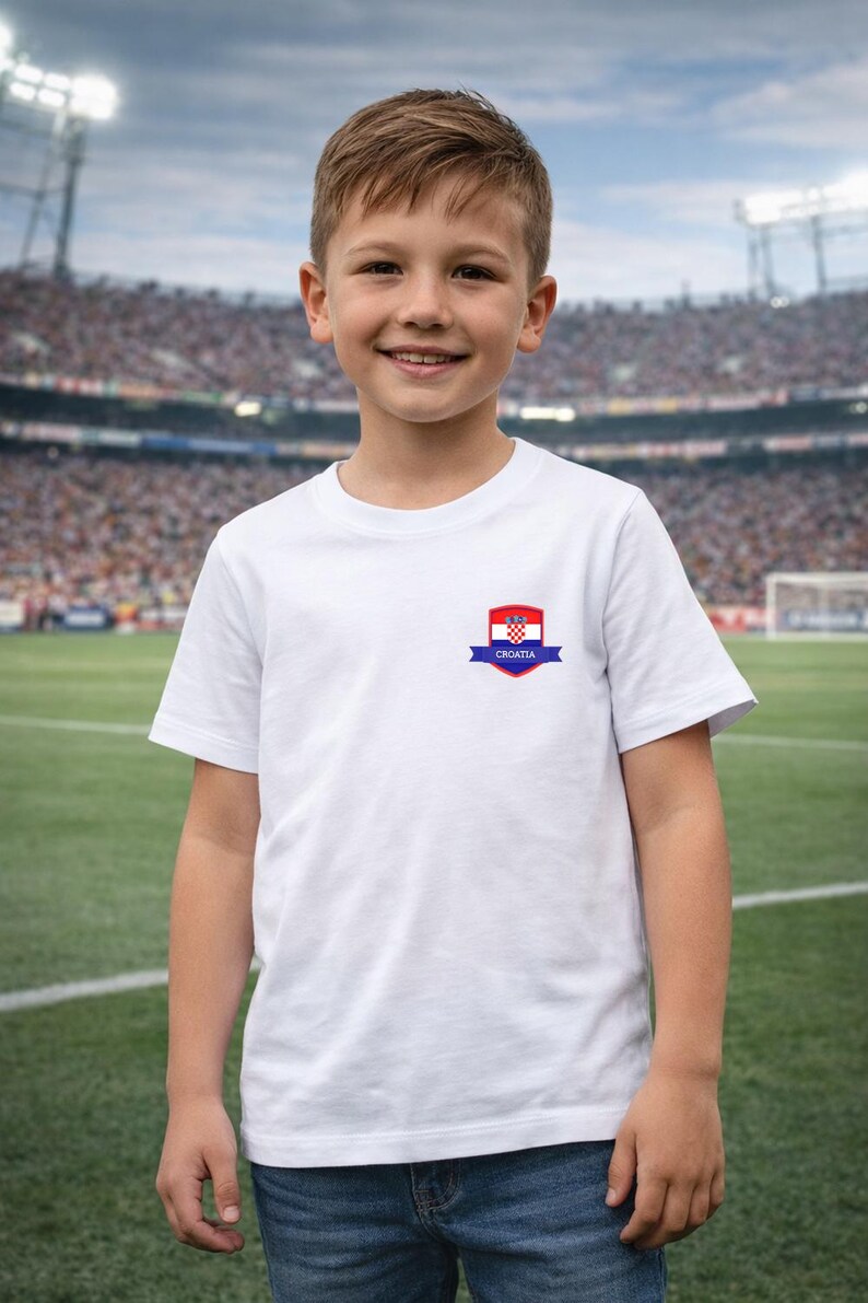 K&ouml;nnte beinhalten: Ein wei&szlig;es T-Shirt mit einem kleinen kroatischen Flaggenemblem auf der Brust. Das Emblem zeigt das kroatische Wappen und das Wort "CROATIA" auf einem blauen Band. Das T-Shirt wird von einer jungen Person vor einem Stadion getragen.