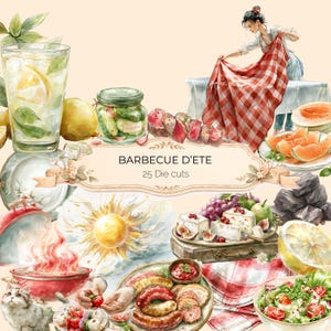 Peut inclure: Une collection de 25 découpes intitulée BARBECUE D'ETE présentant des illustrations à l'aquarelle d'objets de pique-nique estival, dont une limonade, une nappe à carreaux rouges, des saucisses grillées, une salade, du fromage et un barbecue.