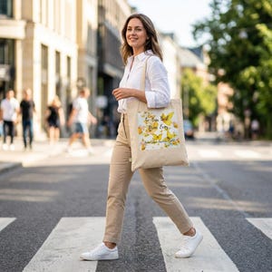 Könnte beinhalten: Eine beige Tragetasche mit einem Schmetterlingsdesign und dem Text "To Our Best Mom Ever" wird von einer Person getragen, die eine Straße überquert. Die Tasche zeigt gelbe Schmetterlinge und florale Akzente. Die Person trägt ein weißes Hemd, eine beige Hose und weiße Turnschuhe.