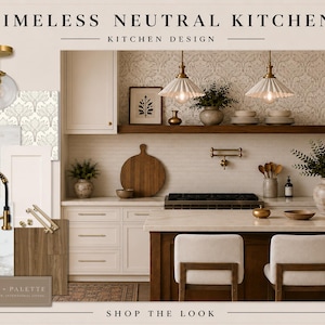May include: A kitchen design concept with the text "Timeless Neutral Kitchen." The image showcases a modern kitchen with white cabinetry, a wooden island, and gold fixtures. Decorative elements include pendant lights, a wooden cutting board, and greenery.