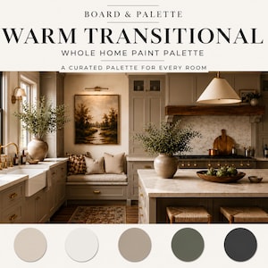 May include: A kitchen with a warm, transitional design, featuring neutral-toned cabinetry, marble countertops, and a large island. The image includes a curated paint palette with five color swatches. Text reads "BOARD & PALETTE WARM TRANSITIONAL WHOLE HOME PAINT PALETTE A CURATED PALETTE FOR EVERY ROOM."