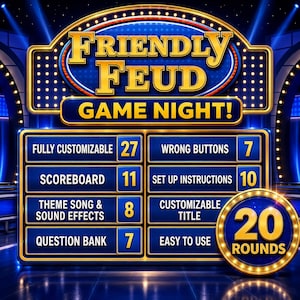 Op de afbeelding: Een digitaal spelbord getiteld Friendly Feud Game Night met een blauw en goud kleurenschema. Het bord toont een lijst met functies waaronder Fully Customizable, Scoreboard, Theme Song & Sound Effects, Question Bank, Wrong Buttons, Set Up Instructions, Customizable Title en Easy To Use, met bijbehorende numerieke waarden en een ronde badge die 20 Rounds aangeeft.