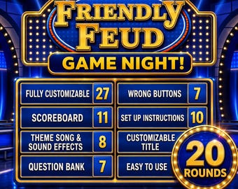 Juego familiar tipo "Family Feud", presentación de PowerPoint editable con puntuación automática, juegos grupales para fiestas de oficina y reuniones familiares, noche de preguntas y respuestas.
