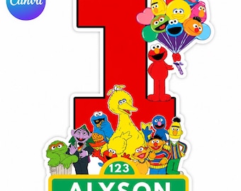 PNG personalizado de cumpleaños de Barrio Sésamo, adorno para pastel personalizado con nombre y edad, plantilla editable de cumpleaños con nombre y edad, decoración de fiesta imprimible en Canva