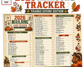 2026 Mahjong-handtracker, afdrukbare thanksgiving-mahjong, Mah Jongg, Mahjong-scorekaart, Mahjong-tegels, Mahjong Game Night, digitale pdf-download