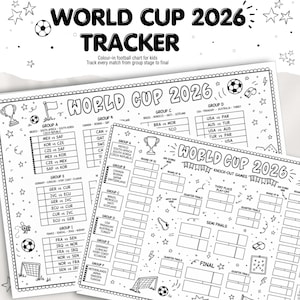 May include: A black and white printable World Cup 2026 tracker chart featuring football-themed illustrations like trophies, soccer balls, and whistles. The document includes organized tables for group stages and knock-out games for fans to fill in.