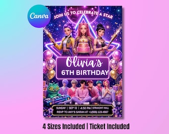 Invitación de cumpleaños de Kpop Demon Hunters, plantilla editable de Canva para fiesta de chicas, invitación neón con entrada, invitación de cumpleaños imprimible