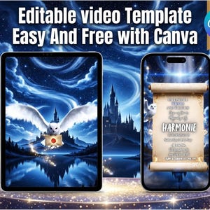 Pode incluir: Ilustração digital com um tablet e um smartphone com tema de fantasia. O tablet mostra uma coruja carregando uma carta, enquanto o telefone mostra um pergaminho com texto. Inclui o texto "Editable video Template Easy And Free with Canva".