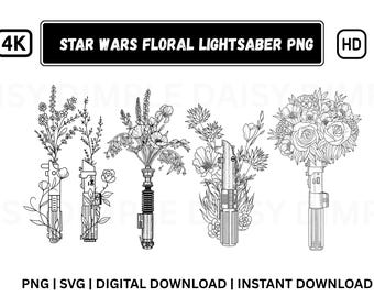 SVG de Star Wars, PNG de sable de luz floral de Star Wars, PNG de sable de luz, SVG, PNG de Star Wars, PNG floral de Star Wars, PNG de tatuaje de Star Wars, archivo digital