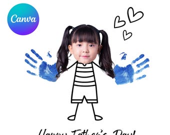 Manualidad para el Día del Padre: Huella de mano, Rostro personalizado, Imprimible en Canva, Te quiero muchísimo, Plantilla de descarga instantánea, Fácil de editar en Canva