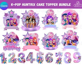 Paquete de adornos para tartas de cazadores de demonios de K-pop / PNG editable de Huntrix / Adornos para tartas y cupcakes de cumpleaños, letras / Decoraciones para fiestas de cazadores de demonios