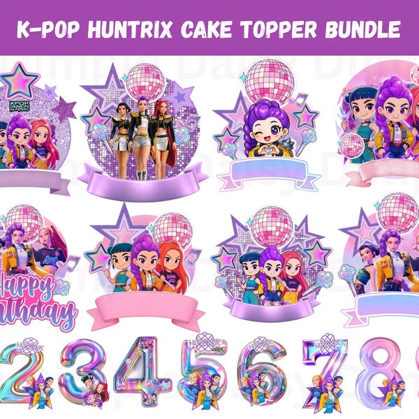 K pop Demon Hunters Cake Topper Bundle |Editable Huntrix PNG | Birthday Cake & Cupcake Toppers,Letter |  Demon Hunter Party Decorations