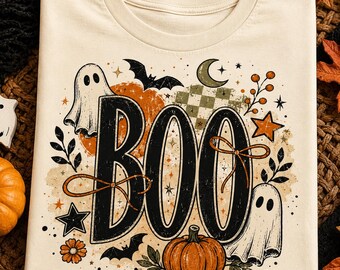 Vintage Halloween BOO PNG | Ghost Pumpkin Fall Shirt Design | Retro griezelige seizoensublimatie PNG | Grafisch Halloween-shirt | Direct downloaden