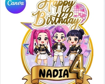 Adorno para pastel de cazadores de demonios de K-pop dorado / Huntrix PNG editable / Adorno para pastel y cupcakes de cumpleaños negro / Decoraciones para fiesta de cazadores de demonios