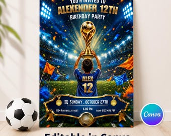 Plantilla editable de Canva para invitación de cumpleaños de fútbol / Invitación para fiesta de la Copa Mundial de Fútbol para niños / Nombre y edad personalizados / Descarga digital instantánea