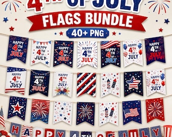 Paquete de banderas PNG de más de 40 imágenes, pancarta del 4 de julio de 250 años, banderas imprimibles (descarga digital), Canva