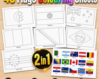 48 banderas de países del mundo, paquete de páginas para colorear banderas, paquete de actividades de geografía internacional y deportes en PDF imprimible, banderas del mundo para niños