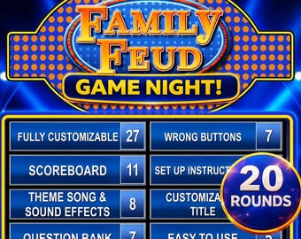 Juego familiar tipo "Family Feud", presentación de PowerPoint editable con puntuación automática, juegos grupales para fiestas de oficina y reuniones familiares, noche de preguntas y respuestas.