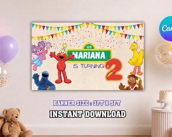 Plantilla digital para pancarta de fiesta de cumpleaños de Barrio Sésamo, decoración para fiestas infantiles, fondo imprimible para cumpleaños, plantilla de Canva, descarga digital.